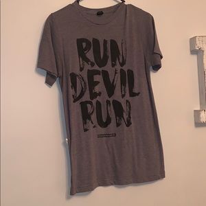 size small, grey t-shirt. “run devil run”.